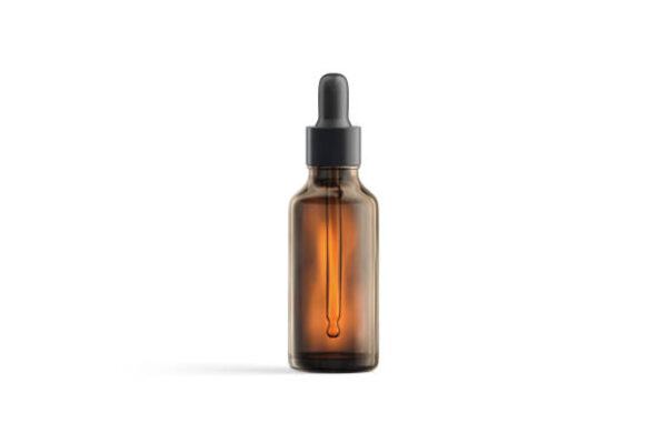 A brown bottle with black cap on white background