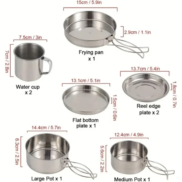 Stainless Steel Camping Cookware Set With Lids & Handles - Image 3