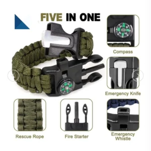 Five-in-one survival bracelet with multiple tools.